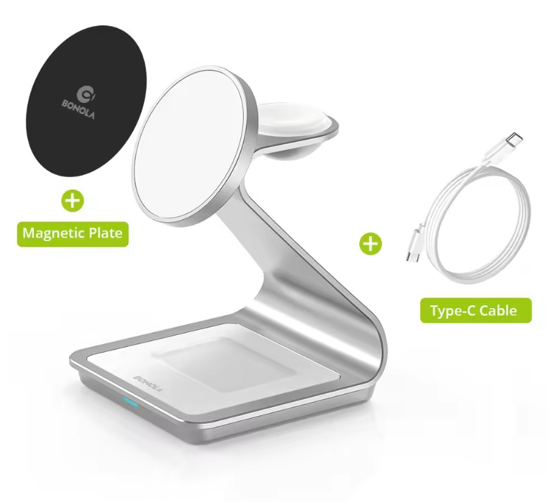 3 in 1 wireless fast charger for phones, smartwatches, and earphones.