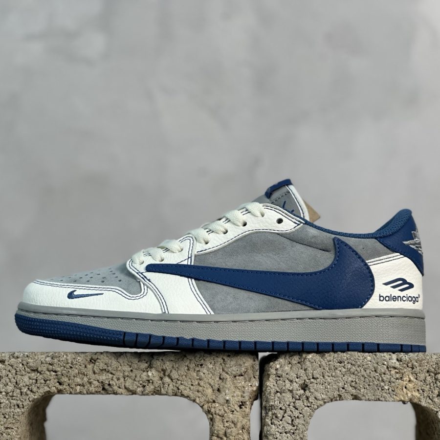 Balenciaga x Travis Scott x Fragment Design x Air Jordan 1 Low OG SP AJ 1 Reverse White Gray Blue Small Hook