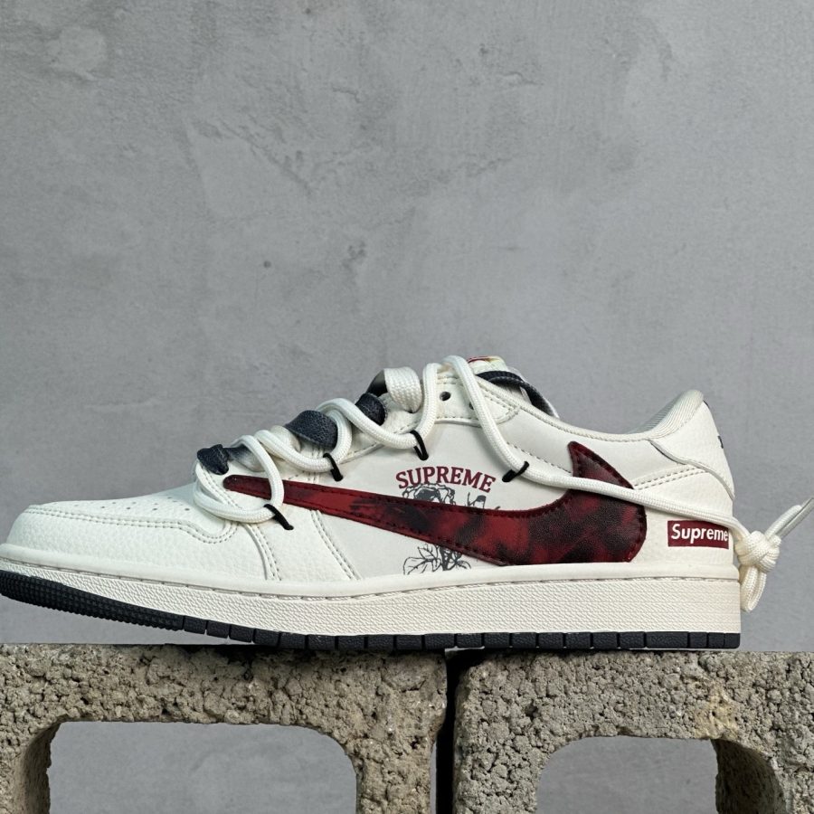Supreme x Travis Scott x Fragment Design x Air Jordan 1 Low OG SP AJ1 joint red and black hook drawstring