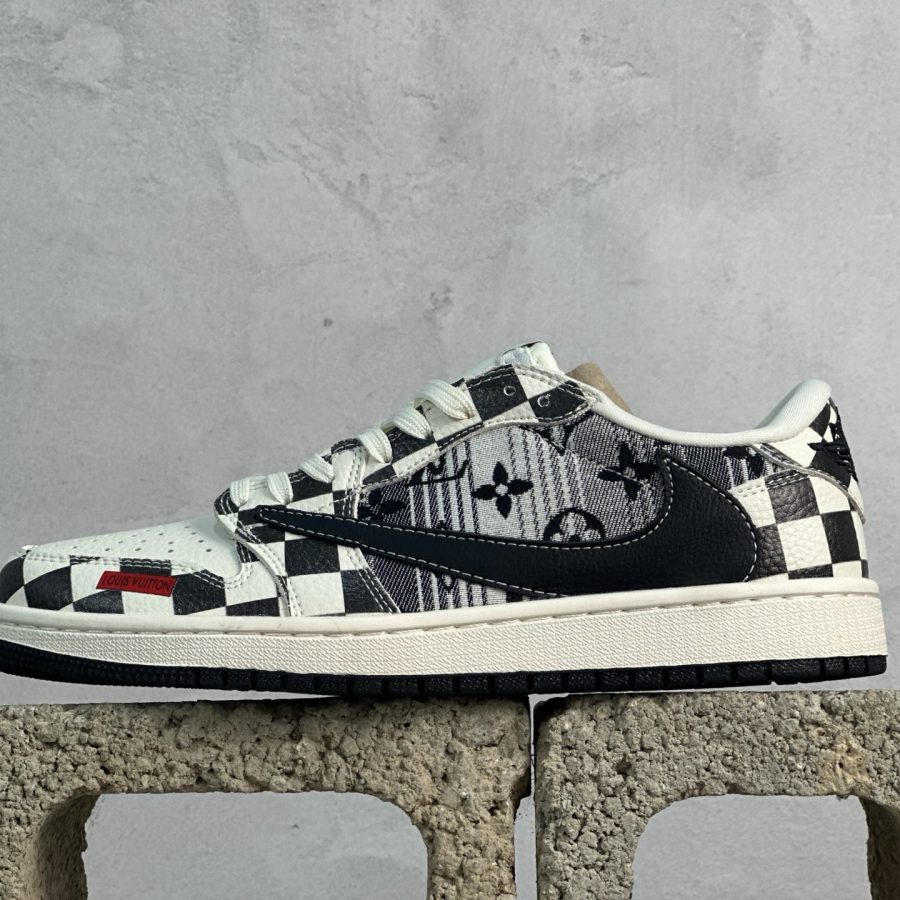 Travis Scott x Fragment Design x Air Jordan 1 Low OG SP AJ1 Joe 1 joint Black and White checkered Denim